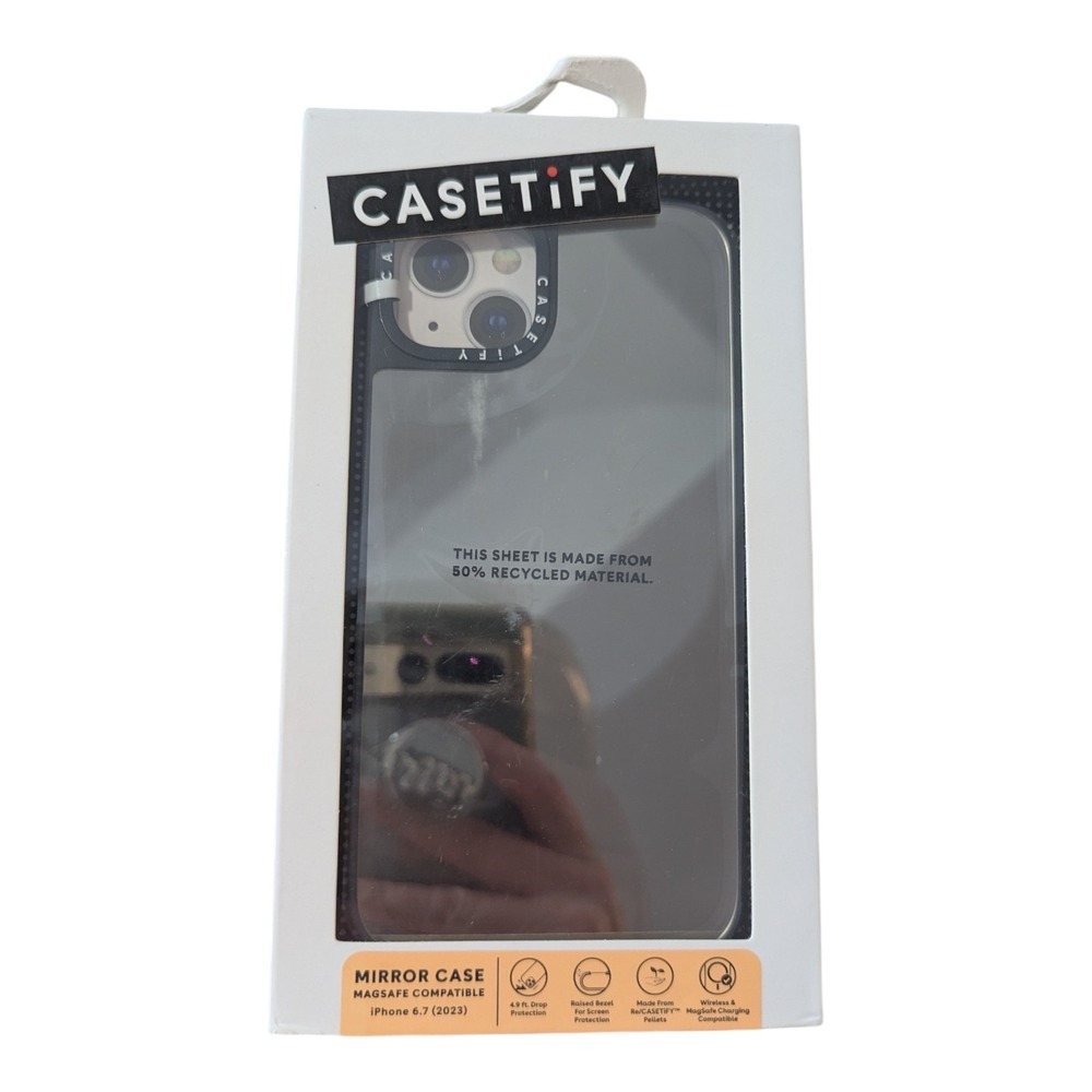 R4-O CASETiFY Mirror Case w/ Magsafe for iPhone 15 Plus - Silver w/ Black Bumper